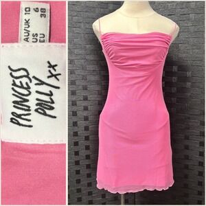 Princess Polly Sugar Mini Dress Sz 6 Pink Mesh Ruched Cowl Neck Spaghetti Strap